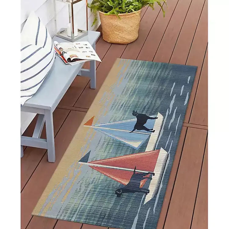 Kirklands Home Outdoor Rugs|Sailboat Dogs Indoor/Outdoor Runner, 1x4 Blue