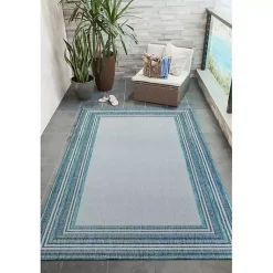 Kirklands Home Outdoor Rugs|Seaglass Lined Frame Outdoor Area Rug, 6x9 Blue