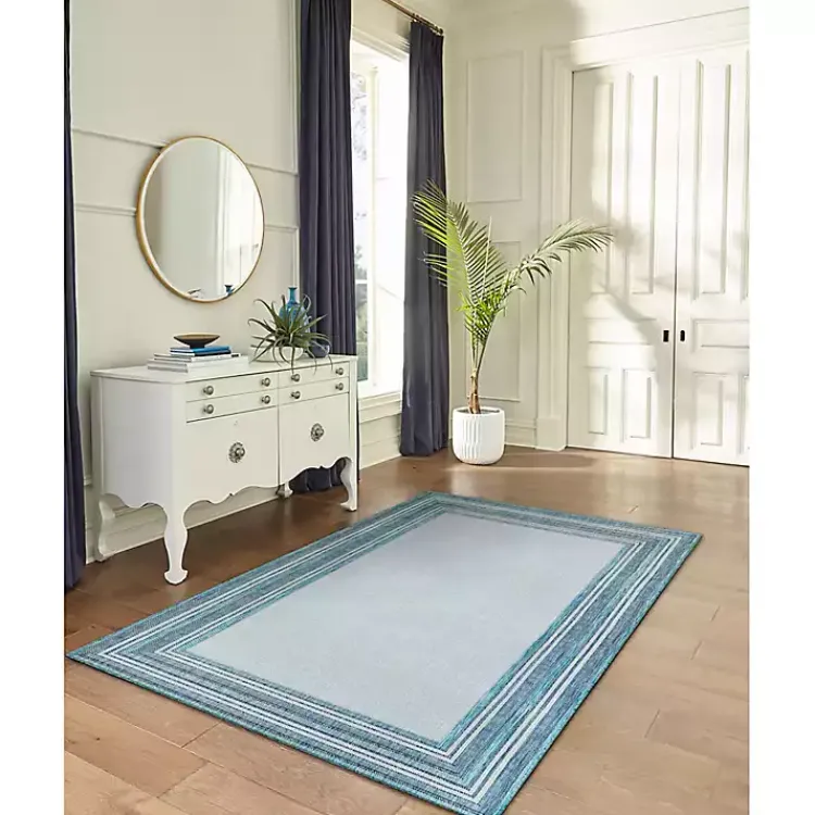 Kirklands Home Outdoor Rugs|Seaglass Lined Frame Outdoor Area Rug, 6x9 Blue