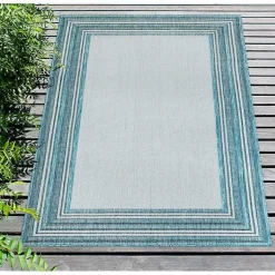 Kirklands Home Outdoor Rugs|Seaglass Lined Frame Outdoor Area Rug, 6x9 Blue