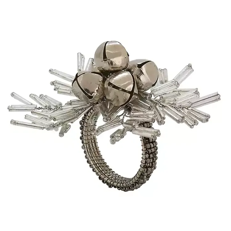 Kirklands Home Table Linens|Bells and Holly Napkin Rings, Set of 4 Silver