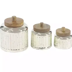 Sale Silver Glass Jars with Wooden Lids, Set of 3 Decorative Bowls & Jars
