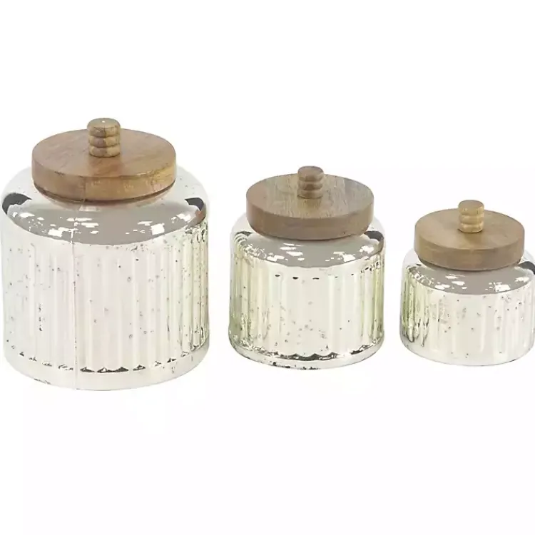 Sale Silver Glass Jars with Wooden Lids, Set of 3 Decorative Bowls & Jars