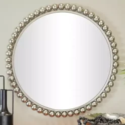 Kirklands Home Decorative Mirrors|Silver Metal Round Beaded Frame Wall Mirror