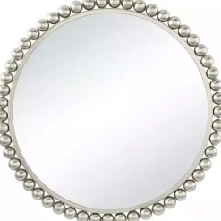 Kirklands Home Decorative Mirrors|Silver Metal Round Beaded Frame Wall Mirror