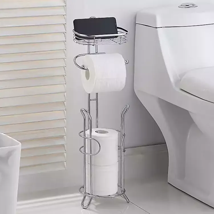 Kirklands Home Bathroom Accessories|Toilet Paper Storage Stand with Basket Silver