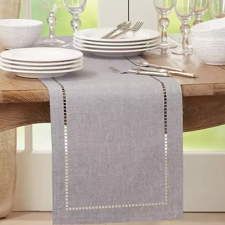 Kirklands Home Table Linens|Slate Hemstitch Border Table Runner Gray