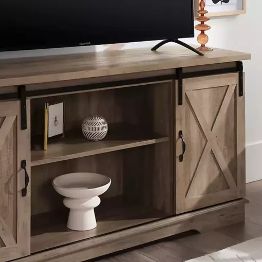 Kirklands Home Tv Stands & Media Consoles|Sliding Barn Door Open Shelf Wash TV Stand Gray