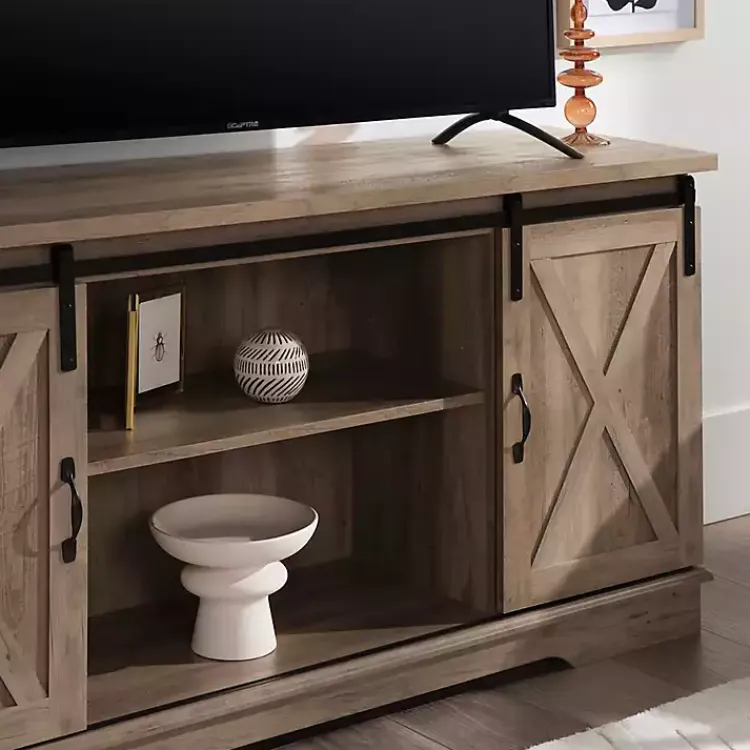 Kirklands Home Tv Stands & Media Consoles|Sliding Barn Door Open Shelf Wash TV Stand Gray
