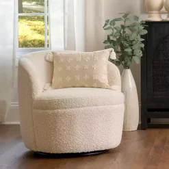 Kirklands Home Accent Chairs|Small Round Cream Boucle Swivel Accent Chair White