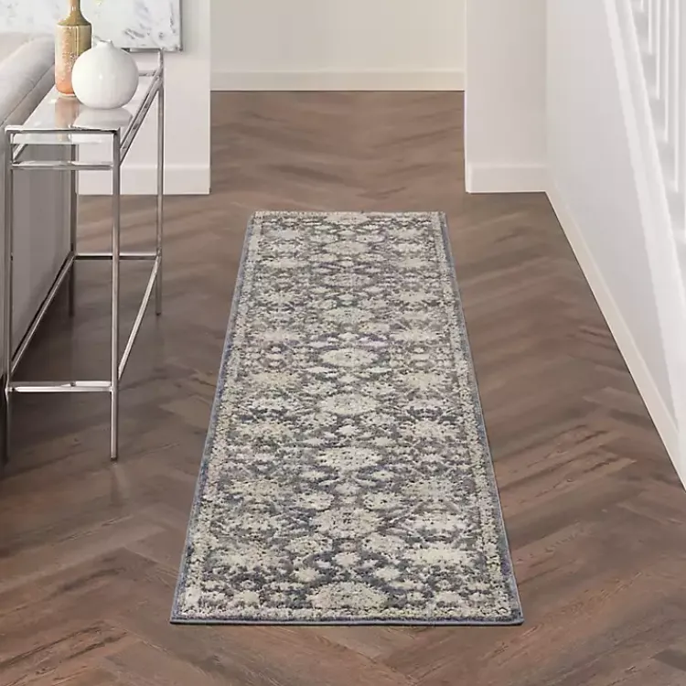Kirklands Home Area Rugs|Smokey Blue and Ivory Floral Runner, 2x7