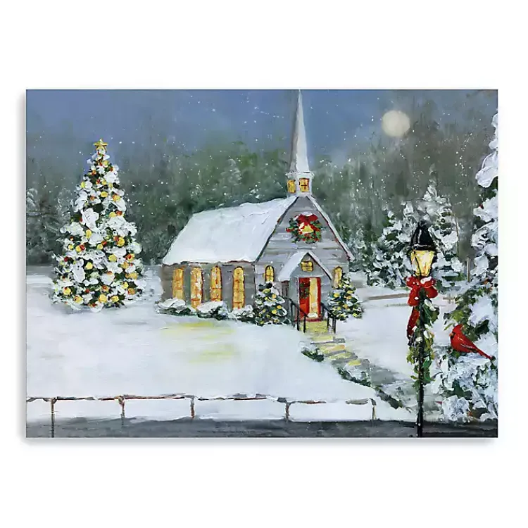 Discount Snowy Church Christmas Giclee Canvas Art Print Christmas Art & Wall Decor