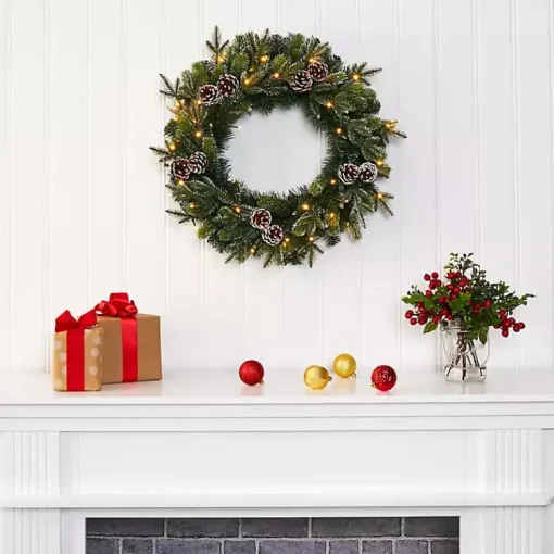 Snowy Pine Cone Clear LED Wreath Christmas Wreaths