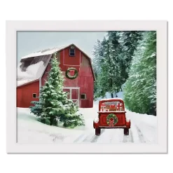 Hot Snowy Red Barn White Framed Canvas Art Print Christmas Art & Wall Decor