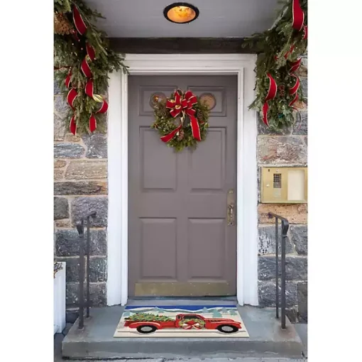 Hot Snowy Red Truck Doormat, 24x36 Outdoor Christmas Decorations