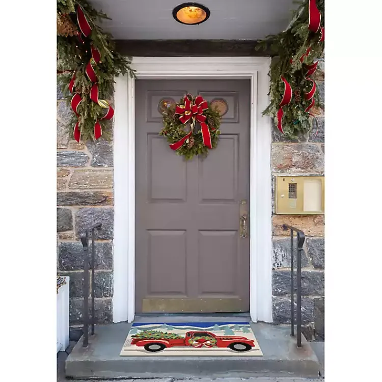 Hot Snowy Red Truck Doormat, 24x36 Outdoor Christmas Decorations