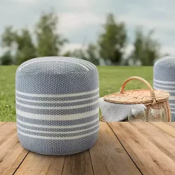 Kirklands Home Outdoor Cushions & Pillows|Soft Blue Simple Stripe Outdoor Pouf