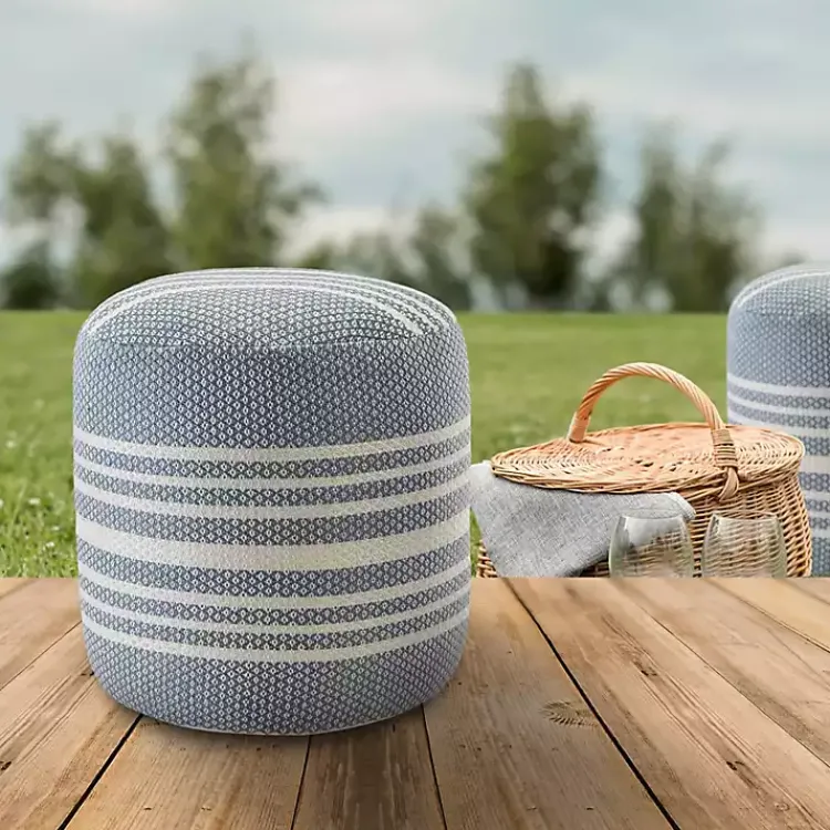 Kirklands Home Outdoor Cushions & Pillows|Soft Blue Simple Stripe Outdoor Pouf