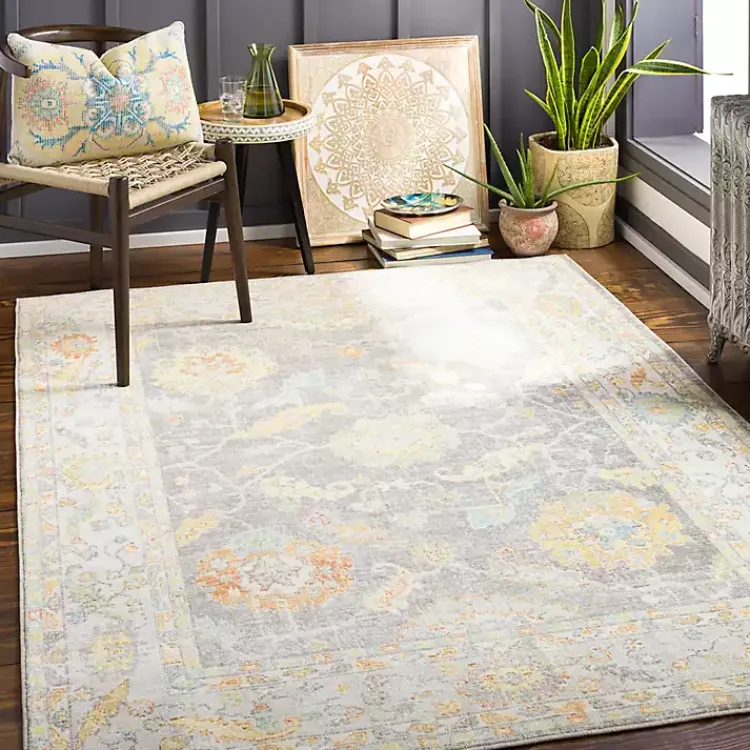 Kirklands Home Area Rugs|Soft Yellow and Gray Floral Area Rug, 8x12