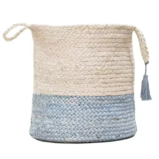 Spa Blue and White Jute Basket with Tassel, 17 in. Baskets & Boxes
