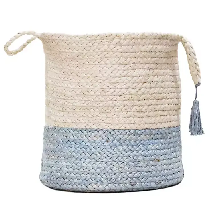 Spa Blue and White Jute Basket with Tassel, 17 in. Baskets & Boxes