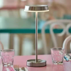 Kirklands Home Outdoor Lighting|Steel Metal Disc Frosted Light Cordless Table Lamp Silver