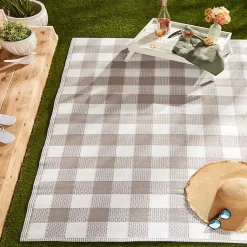 Kirklands Home Outdoor Rugs|Stone & White Buffalo Check Outdoor Area Rug, 4x6