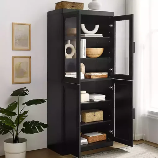 Kirklands Home Cabinets & Sideboards|Tall Black Wood and 4-Door Storage Cabinet