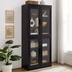 Kirklands Home Cabinets & Sideboards|Tall Black Wood and Glass Door Storage Cabinet