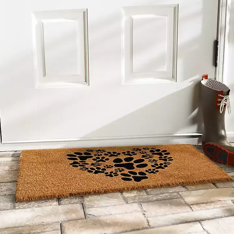 Kirklands Home Doormats|Tan and Black Coir Heart Paws Doormat, 17x29