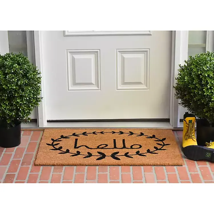 Kirklands Home Doormats|Tan and Black Evergreen Hello Doormat, 36x24 in.