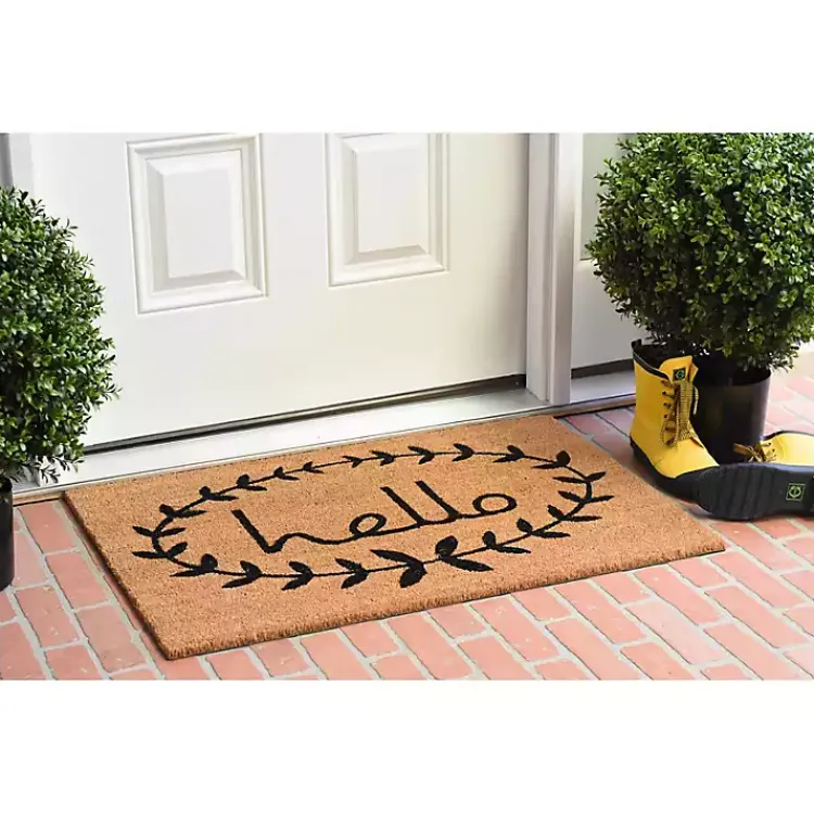 Kirklands Home Doormats|Tan and Black Evergreen Hello Doormat, 36x24 in.