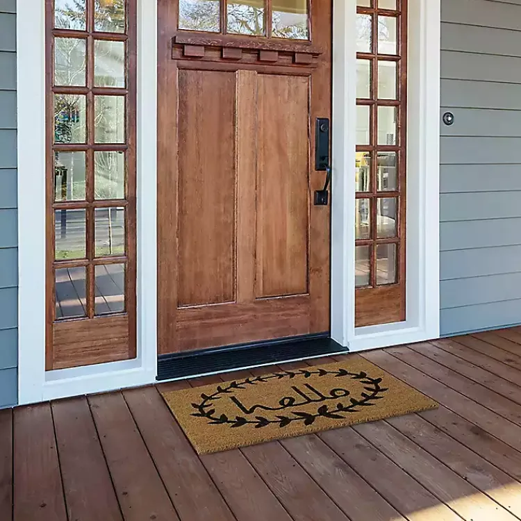 Kirklands Home Doormats|Tan and Black Evergreen Hello Doormat, 36x24 in.