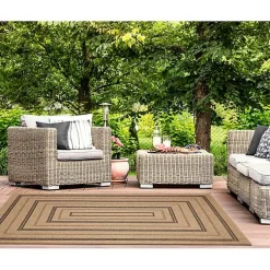 Kirklands Home Outdoor Rugs|Tan and Black Framed Indoor/Outdoor Area Rug, 5x7