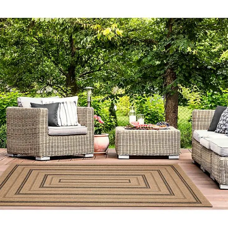 Kirklands Home Outdoor Rugs|Tan and Black Framed Indoor/Outdoor Area Rug, 7X9