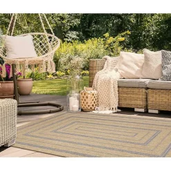 Kirklands Home Outdoor Rugs|Tan and Navy Framed Indoor/Outdoor Area Rug, 7x9