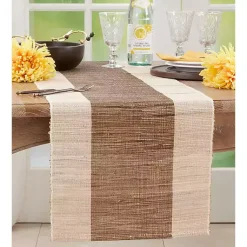 Kirklands Home Table Linens|Tan and White Shimmer Banded Table Runner