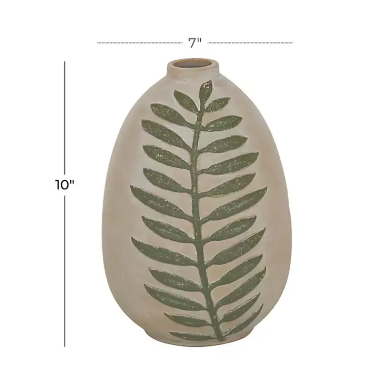 Best Tan Raised Green Fern Ceramic Vase, 10 in. Vases
