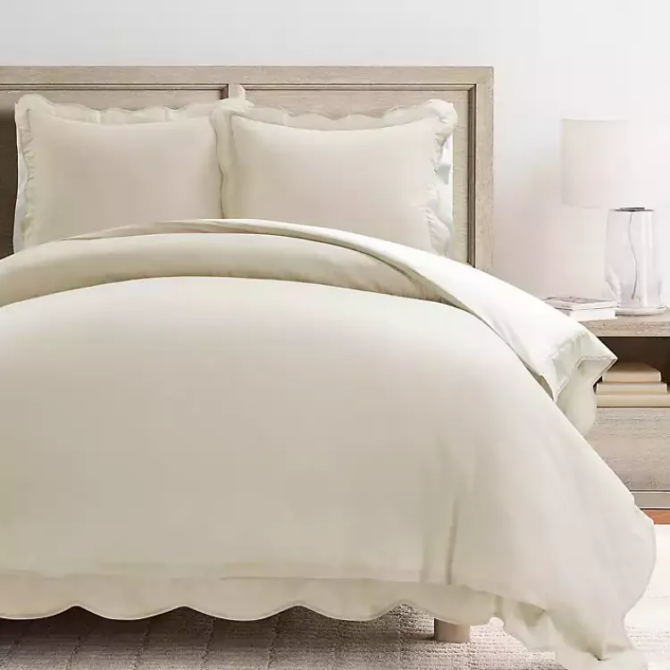 Kirklands Home Duvets|Tan Scallop Edge 3-pc. Full/Queen Duvet Cover Set