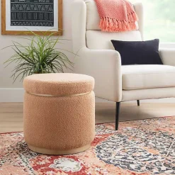 Kirklands Home Benches & Ottomans|Sherpa Upholstered Storage Ottoman Tan