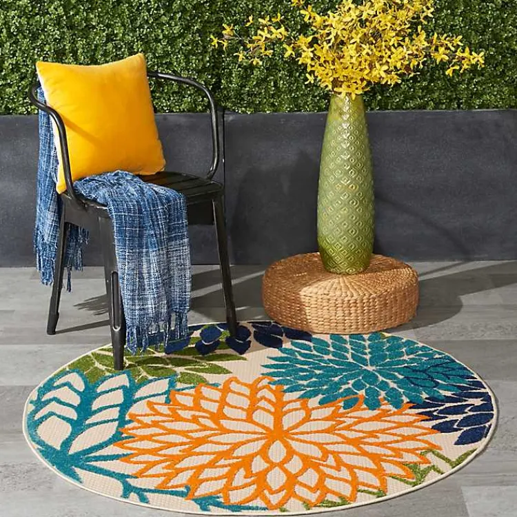 Kirklands Home Outdoor Rugs|Tangerine Floral Burst Round Outdoor Area Rug