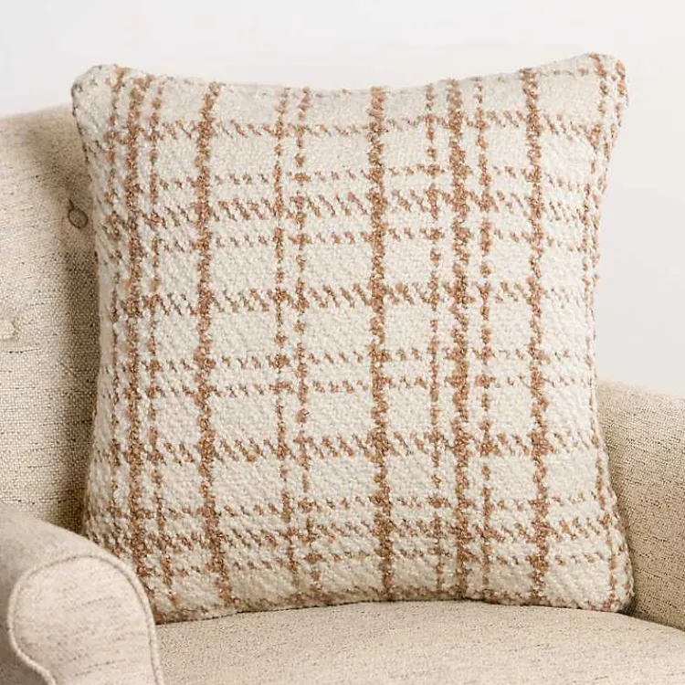 Best Taupe and White Boucle Plaid Pillow Pillows