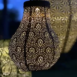 Kirklands Home Outdoor Lighting|Taupe Fan Bulb Hanging LED Outdoor Lantern Tan