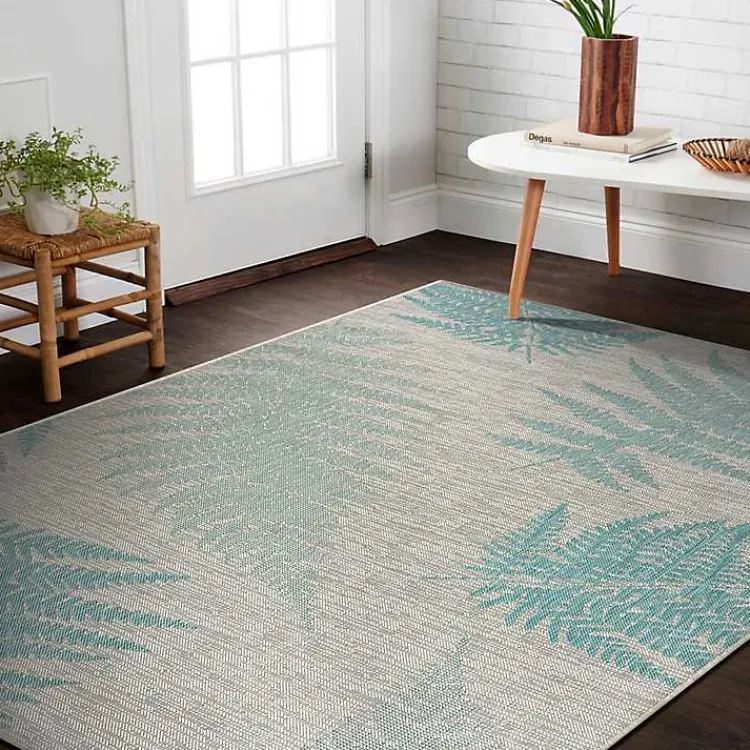 Kirklands Home Outdoor Rugs|Teal and Tan Falling Ferns Outdoor Area Rug, 5x7