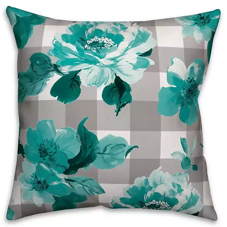 Kirklands Home Outdoor Cushions & Pillows|Teal Floral Buffalo Check Outdoor Pillow