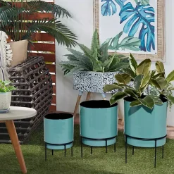 Kirklands Home Planters|Teal Metal Round Planters with Stands, Set of 3 Blue