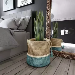 Hot Teal Off White Woven Basket with Tassel, 17 in. Baskets & Boxes