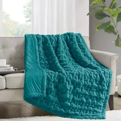Outlet Teal Ruched Faux Fur Throw Blankets & Throws