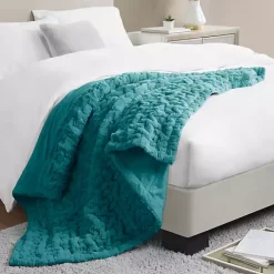 Outlet Teal Ruched Faux Fur Throw Blankets & Throws