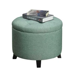 Kirklands Home Benches & Ottomans|Teal Upholstered Eliza Round Storage Ottoman Blue